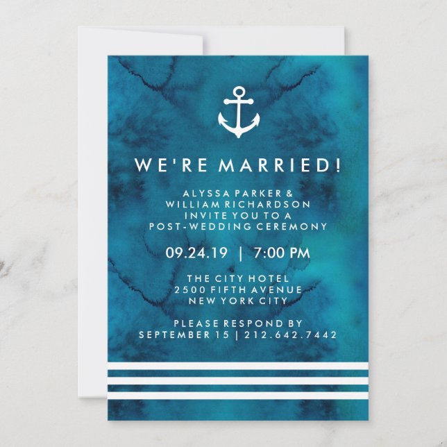 Blue Watercolor Nautical Post Wedding Zeremonie Einladung (Vorderseite)