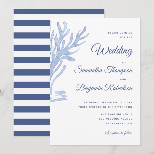 Blue Watercolor Nautical Wedding Beach Thema Einladung (Vorne/Hinten)
