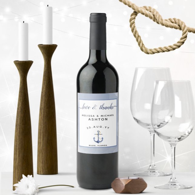 Blue Watercolor ⚓ Nautical Wedding Weinetikett (Dusty Blue Watercolor Love and Thanks Nautical Wedding Wine Labels)