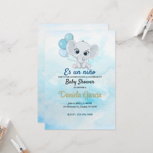 Blue Watercolor Niedlich Baby Dusche Einladung (Vorderseite/Rückseite Beispiel)