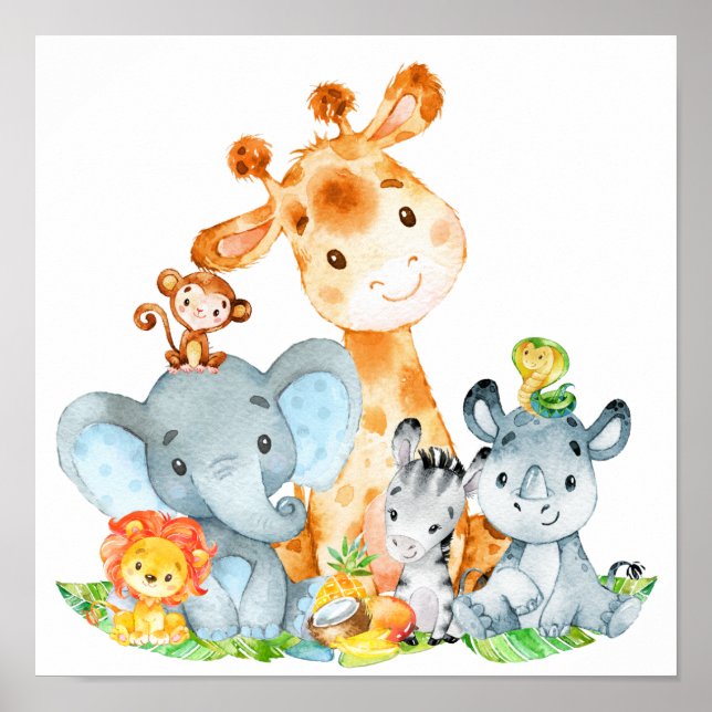 Blue Watercolor Niedlich Safari Jungle Tiere Poster (Vorne)