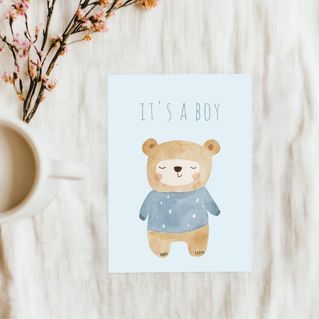 Blue Watercolor niedlich Teddy Bär Babydusche Einladung (Cute sleepy teddy bear in blue "It's a boy" announcement card.)