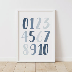 Blue Watercolor Numbers Educational Kinderzimmer D Poster