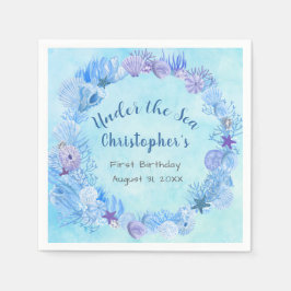 Blue Watercolor Ocean Under The Sea First Bday Serviette