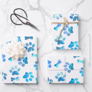 Blue Watercolor Paw Prints Birthday Wrapping Paper Geschenkpapier Set