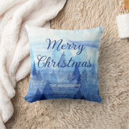 Blue Watercolor Pine Trees Winter Frohe Weihnachte Kissen