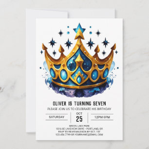 Blue Watercolor Prince Crown Geburtstag Einladung