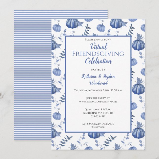 Blue Watercolor Pumpkin Virtual Friendsgiving Einladung (Vorne/Hinten)
