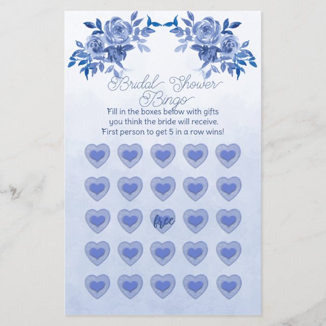 Blue Watercolor Rose Brautparty Bingo Flyer (Vorne)