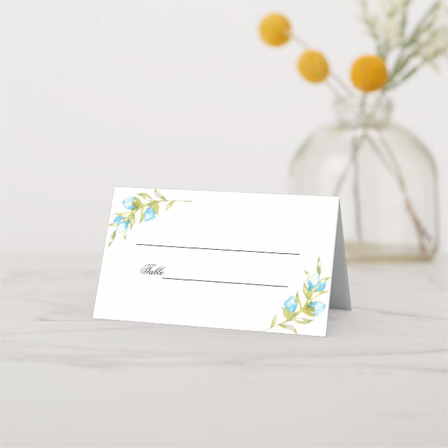 Blue Watercolor Rose Buds Wedding Platzkarte (Vorderseite)