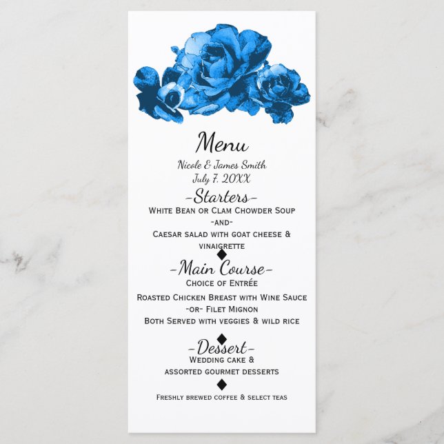 Blue Watercolor Rose Elegantes Hochzeitmenü Menükarte (Vorderseite)