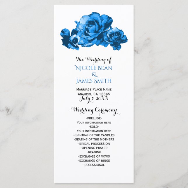Blue Watercolor Rose Elegantes Hochzeitsprogramm Programm (Vorderseite)