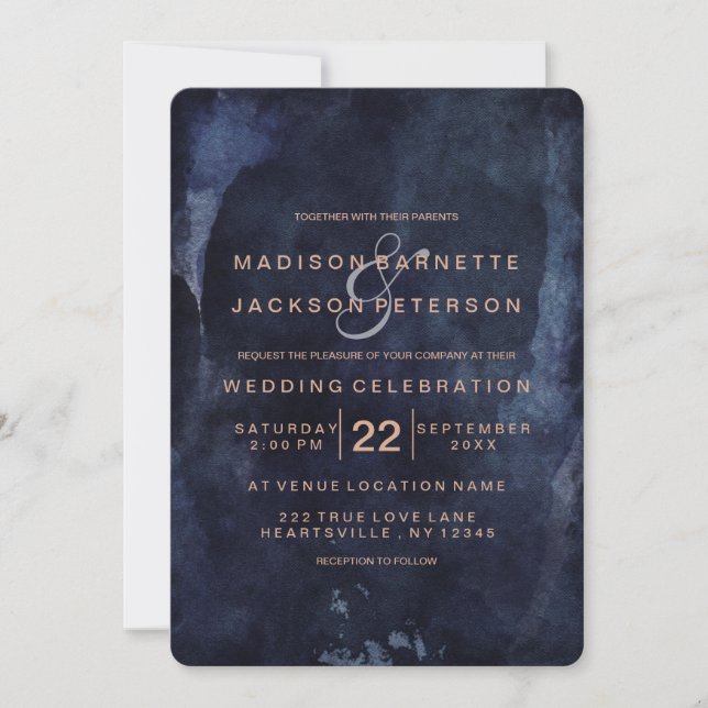 Blue Watercolor Rose Gold Hochzeiten Einladungen (Vorderseite)