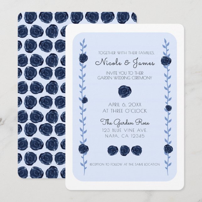 Blue Watercolor Rose Reben Hütte Hochzeit Einladung (Vorne/Hinten)