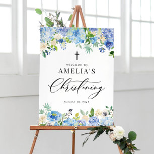 Blue Watercolor Rose und Hydrangea Christening Poster