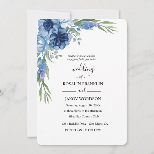blue watercolor rustic wedding einladung (Vorderseite)