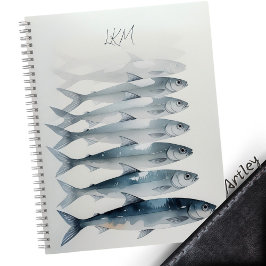 Blue Watercolor Sardine Art Custom Monogram Name Notizbuch
