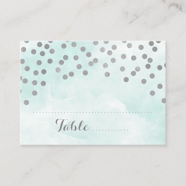 Blue Watercolor Silver Confetti Platzierungskarte Platzkarte (Vorderseite)