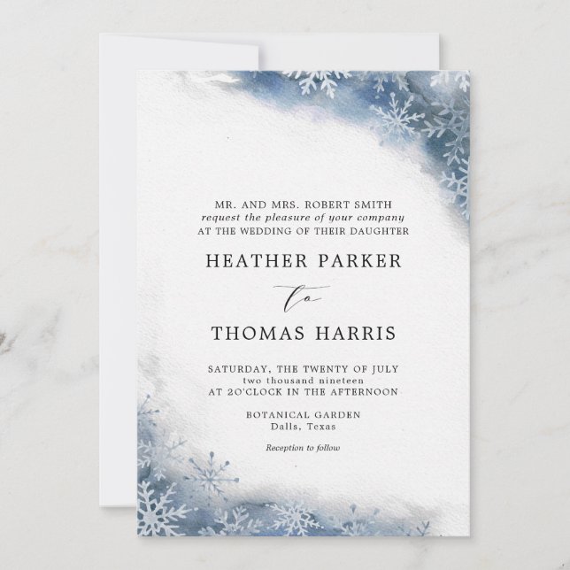 Blue Watercolor Snowflake Elegante Winterhochzeit Einladung (Vorderseite)