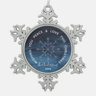 Blue Watercolor Snowflake Peace & Liebe Schneeflocken Zinn-Ornament