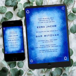 Blue Watercolor & Stars Custom Bar Bat Mitzvah Einladung