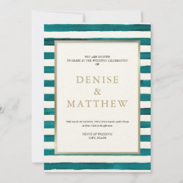 Blue Watercolor Stripe & Gold Letters Einladung