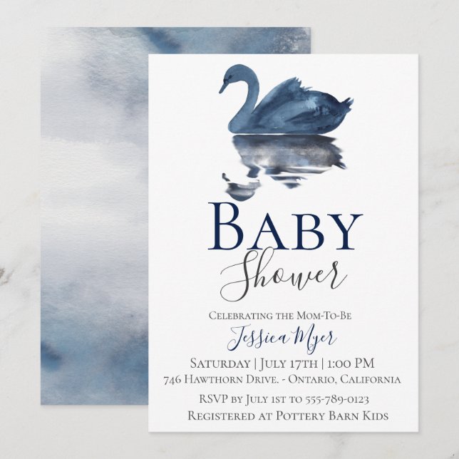 Blue Watercolor Swan Baby Dusche Einladung (Vorne/Hinten)