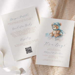 Blue Watercolor Teddy Bear QR Code Boy Baby Showdu Einladung
