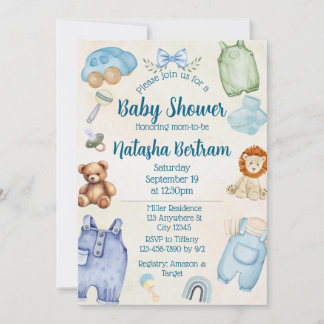 Blue Watercolor Toys & Clothes Baby Shower Einladung