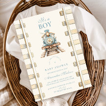 Blue Watercolor Train Baby Dusche