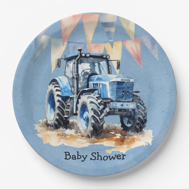 Blue Watercolor Traktor Boy Baby Dusche Pappteller (Vorderseite)