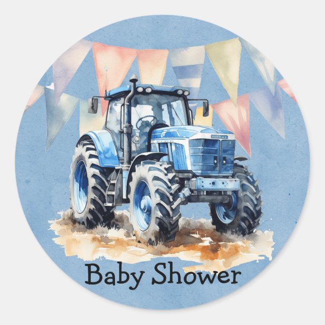 Blue Watercolor Traktor Boy Baby Dusche Runder Aufkleber (Vorderseite)