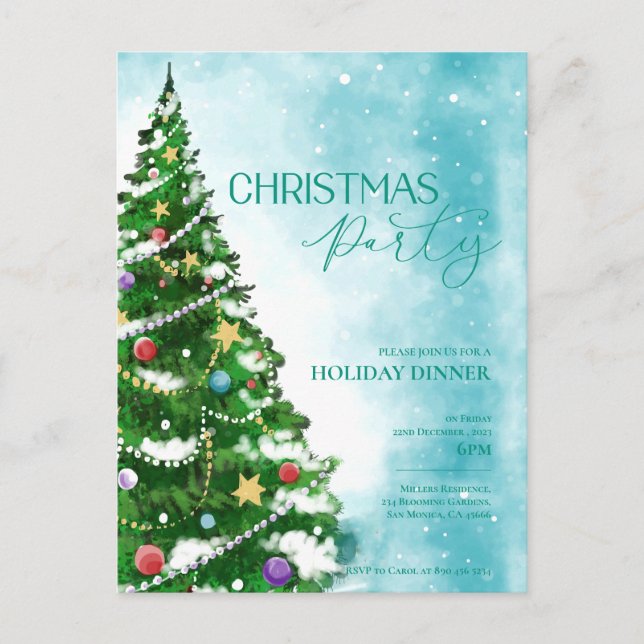 Blue Watercolor Tree Weihnachten Party Einladung Postkarte (Vorderseite)