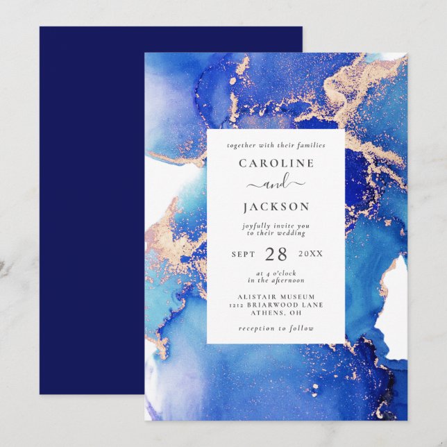 Blue Watercolor und Gold Wedding Einladung (Vorne/Hinten)