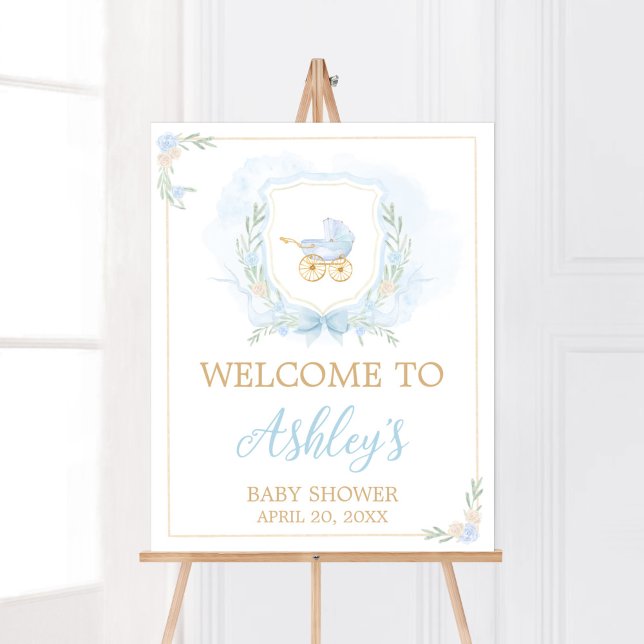 Blue Watercolor Wappen Baby Dusche Willkommen Poster (Blue Gold Carriage Crest Baby Shower Welcome Sign)