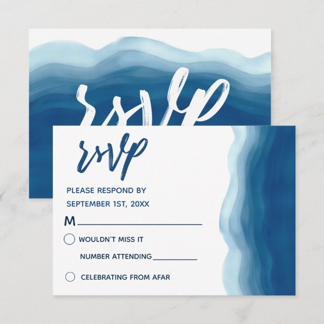 Blue Watercolor Wave | RSVP Cards Einladung (Vorne/Hinten)