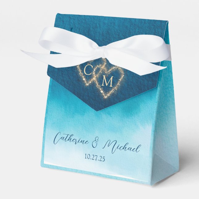 Blue Watercolor Waves mit Monogramm Hochzeit Geschenkschachtel (Vorderseite)