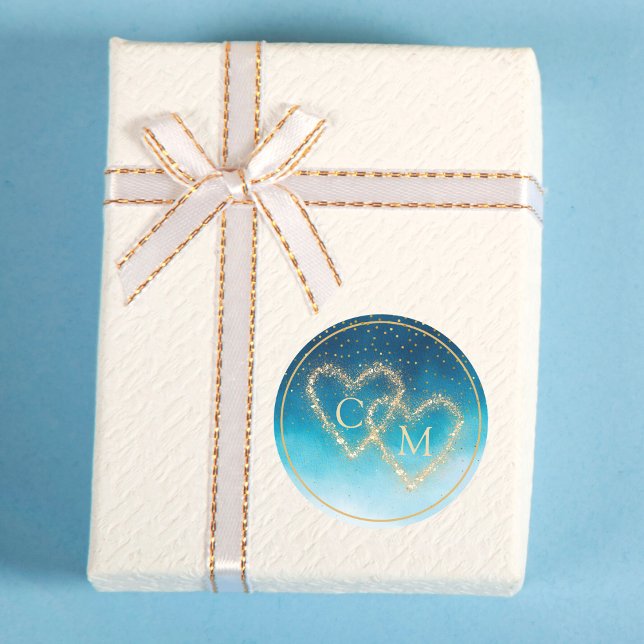 Blue Watercolor Waves mit Monogramm Hochzeit Runder Aufkleber (Von Creator hochgeladen)