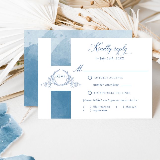 Blue Watercolor Wedding Classic Monogram RSVP Card Karte (Von Creator hochgeladen)
