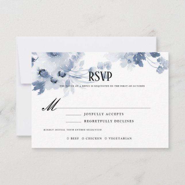 Blue Watercolor Wedding RSVP mit Essensauswahl (Vorderseite)