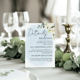 Blue Watercolor White Rose Wedding Details Card Begleitkarte