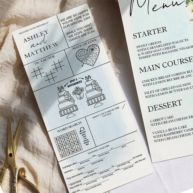 Blue Watercolor White Rose Wedding Menu Platzkarte (Von Creator hochgeladen)