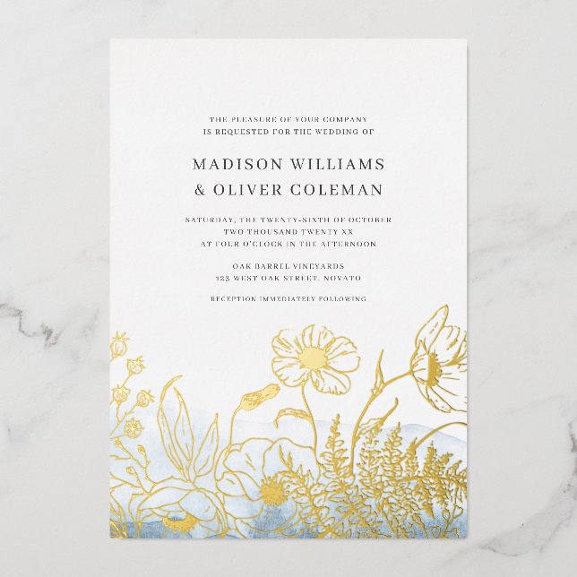 Blue Watercolor + Wildblume Bouquet Wedding REAL Folieneinladung (Vorderseite)