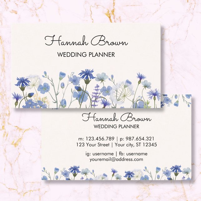 Blue Watercolor Wildblume Garden Business Card Telefonnummerkarte (Front and Back)