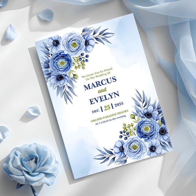 Blue Watercolor Wildblume Wedding Invitation Card Einladung (Von Creator hochgeladen)