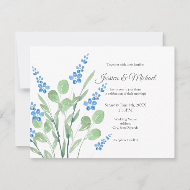 Blue Watercolor Wildblumen Bouquet Einladung (Vorderseite)