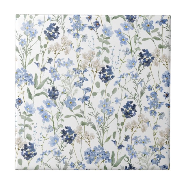 Blue Watercolor Wildflower Fliese (Vorderseite)