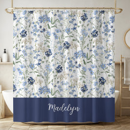 Blue Watercolor Wildflower Monogram Name Duschvorhang