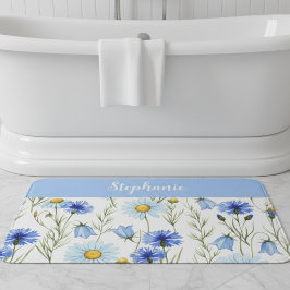 Blue Watercolor Wildflower Personalized Badematte