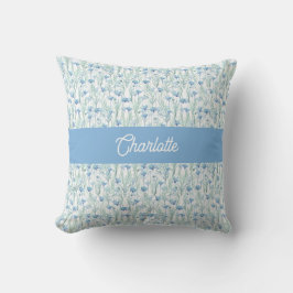 Blue watercolor wildflowers custom name kissen